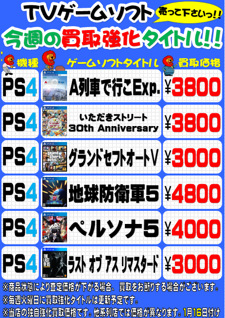【メディオ！西市】TVゲームソフト今週の買取強化タイトル